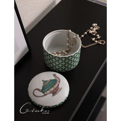 契阔家居发财coin绿色彩瓷陶瓷盖盒首饰盒收纳盒客厅摆件家居饰品