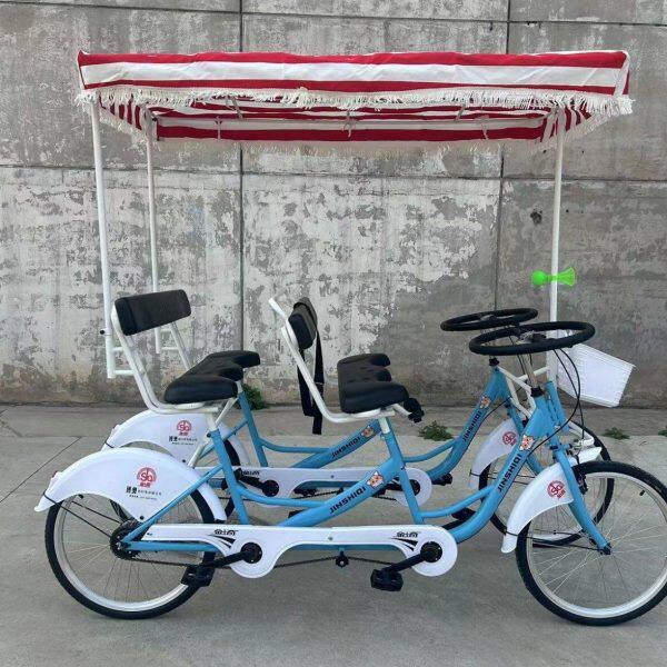 新款四轮景区双排双人4人横排一体轮带篷布脚踏自行车