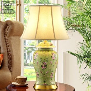 绿色田园欧式全铜陶瓷台灯客厅卧室家用室内装饰法式床头灯特大号