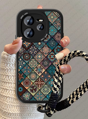 适用彩绘图腾真我neo7turbo手机壳新款x男realmeGTneo6高级感se小羊皮gt7pro复古oppo网红全包竞速版手链女套