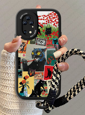 黑色猫咪适用华为p50手机壳p40pro+新款女huawei小羊皮p30por疯狂p20情侣十卡通P50e全包防摔男高级感挂绳套