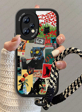 黑色猫咪适用真我Q5手机壳新款女q3pro小羊皮卡通realmeq5i全包防摔q3t高级感oppo疯狂s情侣真我q3pro挂绳套