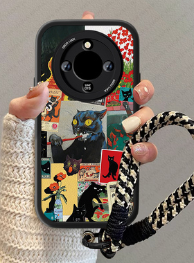 黑色猫咪适用华为荣耀x70手机壳pro新款女x60GT小羊皮x60i卡通男十AN00全包防摔X70por高级感的挂绳小众套