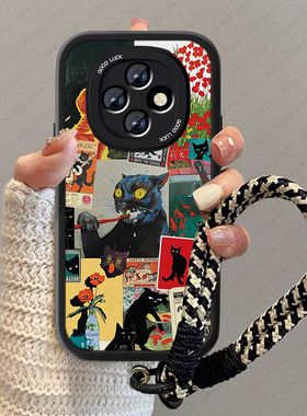 黑色猫咪适用oppoA6pro手机壳新款a6i女小羊皮高级感pr0疯狂情侣a6GT全包挂绳0pp0A6卡通opop防摔男小众套