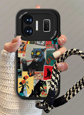 黑色猫咪适用真我gt5pro手机壳新款男realmeGTneo5卡通小羊皮NEO3高级感疯狂se防摔oppo情侣女por小众套