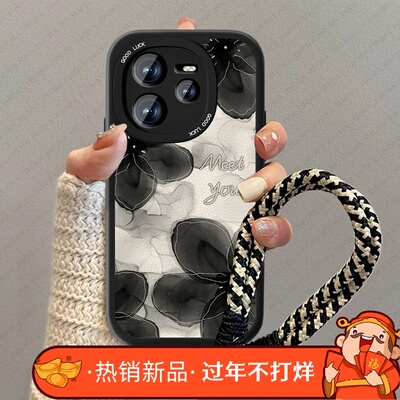 黑白花朵适用真我neo7turbo手机壳新款x男realmeGTneo6高级感se小羊皮gt7pro复古oppo网红全包竞速版简约女套