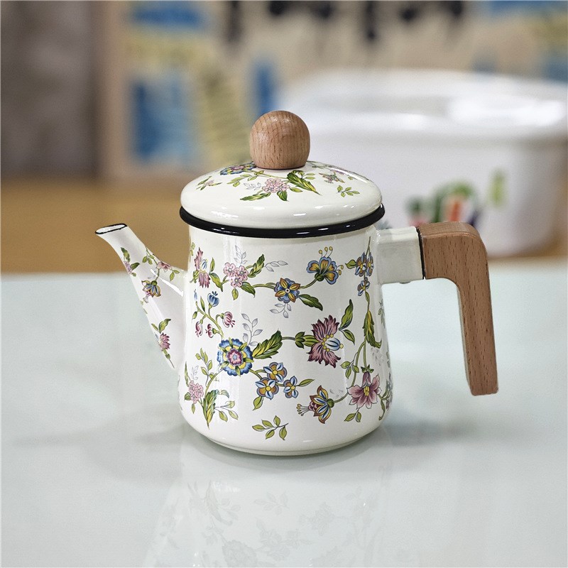 【有瑕】加厚珐琅1.2L木柄搪瓷咖啡壶油壶搪瓷水壶搪瓷壶奶茶壶