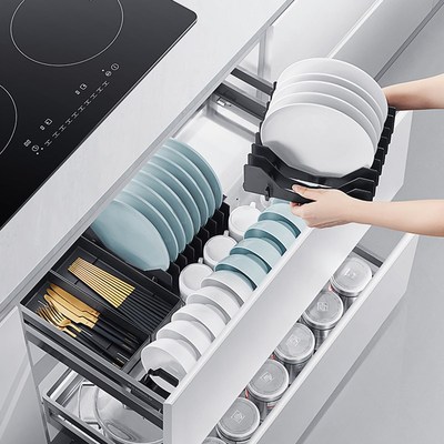 悍高橱柜拉篮双层抽屉式304不锈钢厨房收纳调味篮碗碟篮碗架碗柜