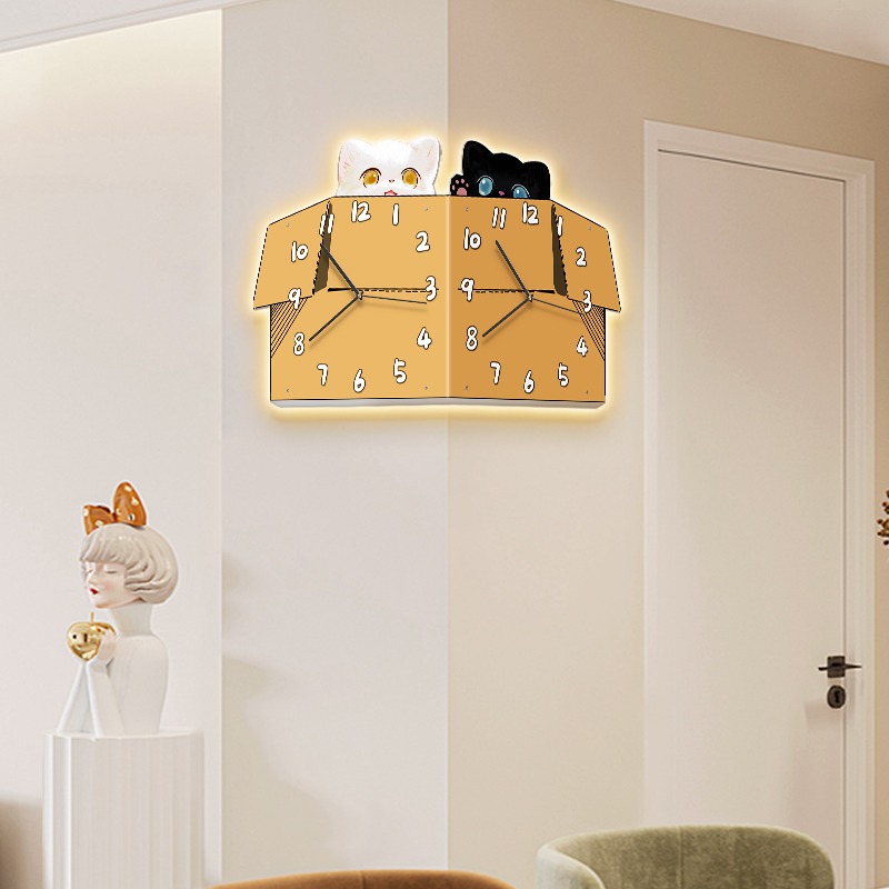 客厅双面拐角挂钟钟表家用两面阳角挂表大气静音墙角Y转角时钟壁