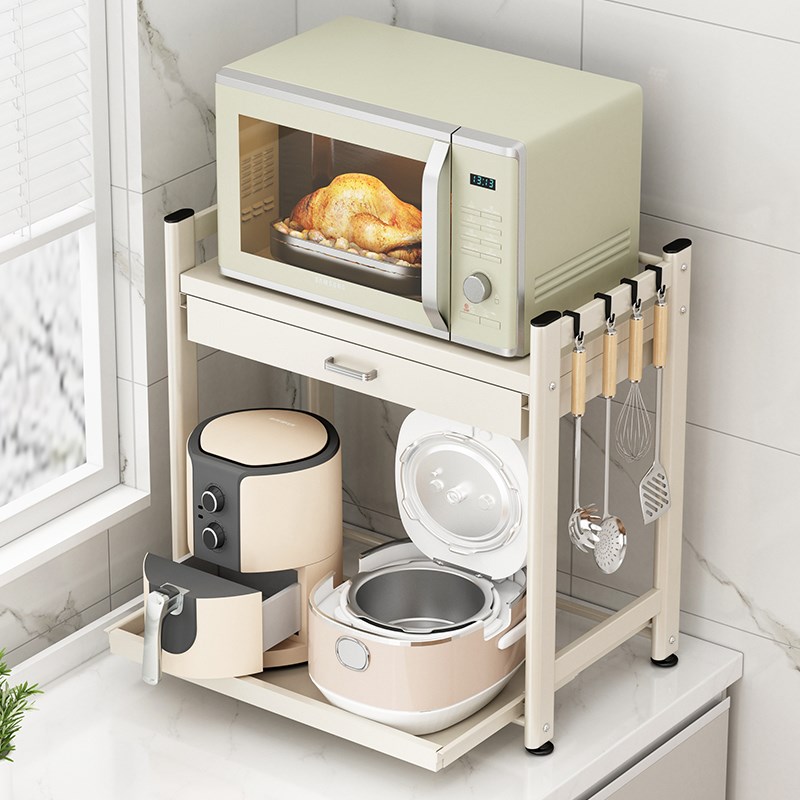 厨房微波炉置物h架台面带抽屉多功能放电饭煲烤箱一体抽拉式收纳