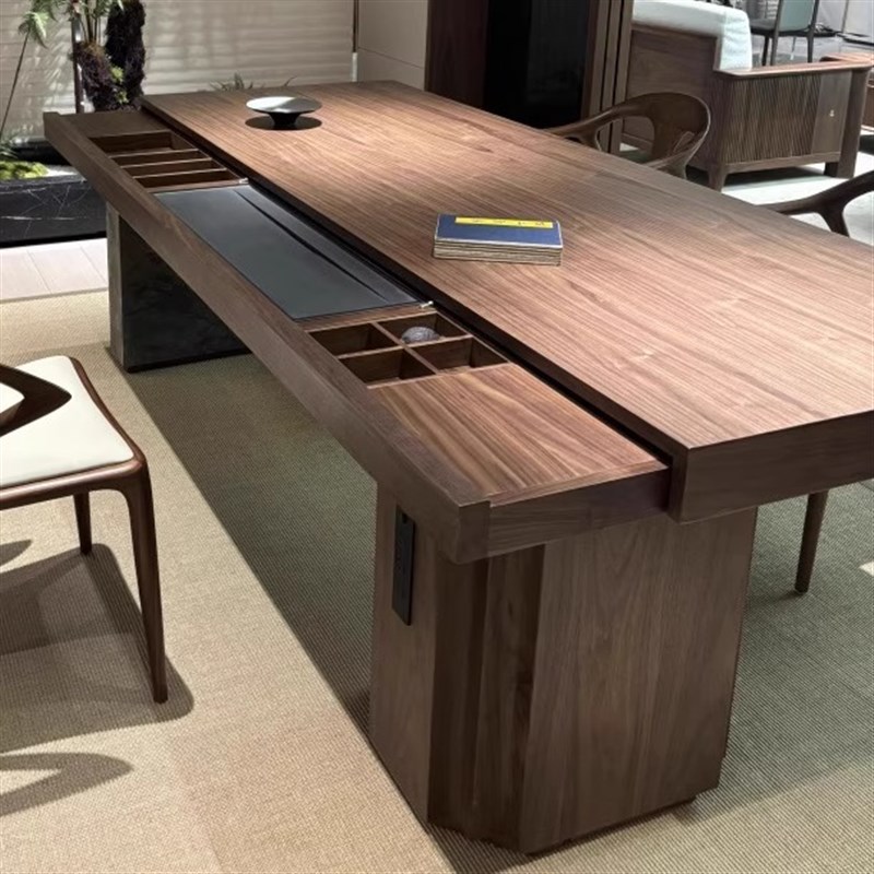 新中式胡桃木茶桌2025新款可推拉实木多功能P干湿泡一体办公室茶
