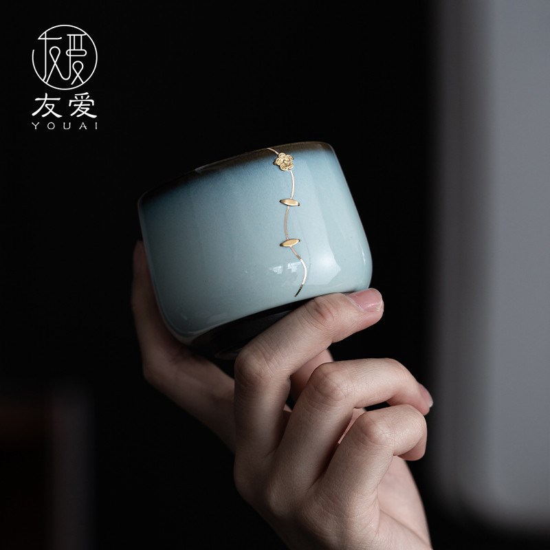 创意茶盏手工金缮焗钉瓷汝官窑茶杯建盏个人主人杯品茗杯印制logo