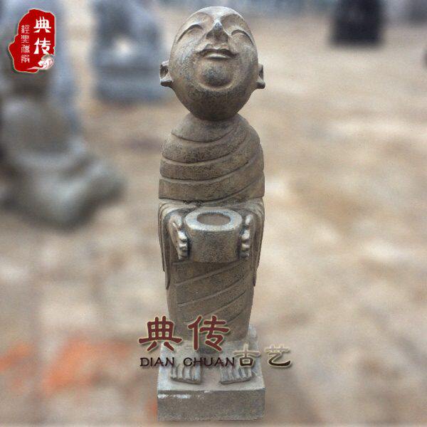 仿古石雕小沙弥和尚蜡烛台家居创意雕塑天然青石做旧人物雕像摆件