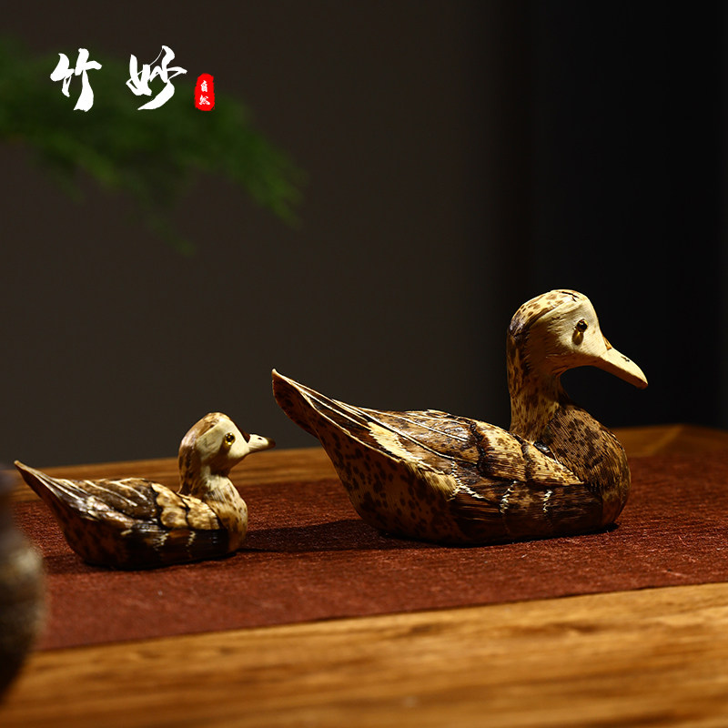 纯手工民间工艺笋壳n编制玄关竹编鸭子茶宠礼品桌面小摆件居家饰