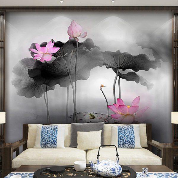 现代新中式壁纸电视沙发背景墙壁画客厅写意抽象水墨荷花墙纸墙布