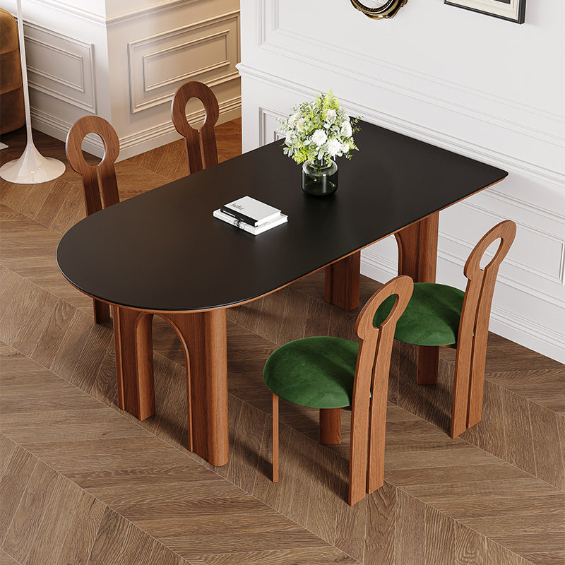 天然洞石岩板岛台餐桌椅组合法式中古风餐厅家用实木白蜡木饭桌子