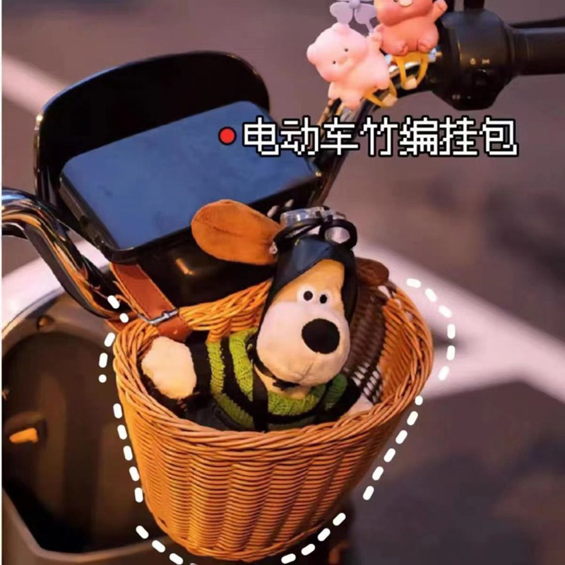 儿童自行车车筐复古编织童车车篮电动自行车前置藤编收纳挂包框子
