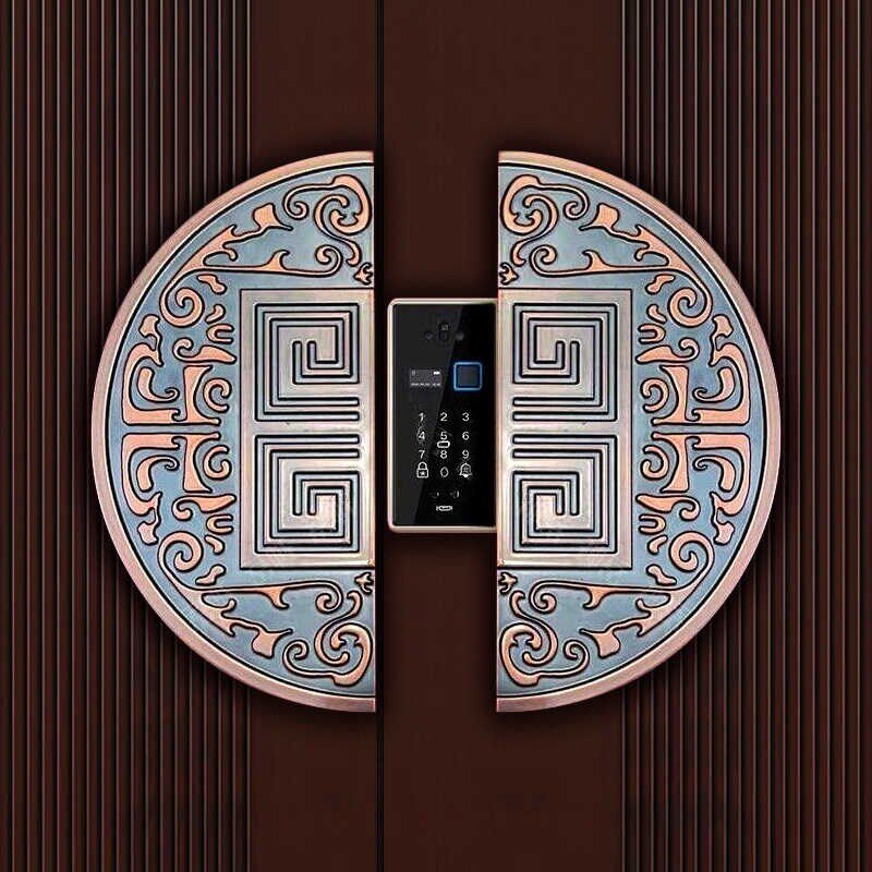 中式大门木门玻璃门把手logo带指纹锁电子密码锁半圆仿古大拉手