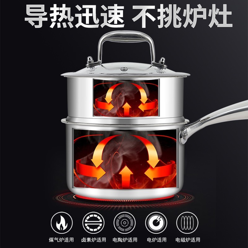 赫巴兹家用不锈钢奶锅双层婴儿辅食宝宝热牛奶泡面汤锅小锅不粘锅