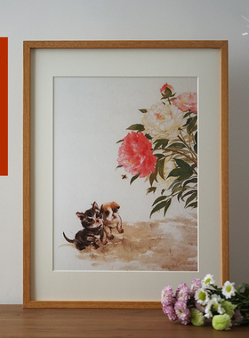 一二山皇小小 赏花的小伙伴 水墨画客厅装饰画玄关挂画配电箱竖画