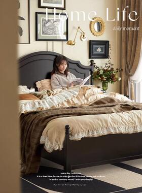 法式复古风黑色1.8m1.5m实木床双人现代简约中古风主卧大床