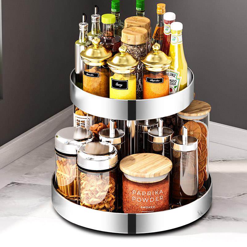 不锈钢可旋转调料置物架双层厨房台面360度调味品酱油瓶罐调收纳