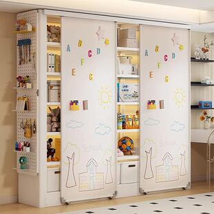 双白板门儿童书柜带推拉双轨道全覆盖可重叠钢制防尘靠墙客厅书架