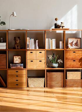 2I无即VHZ所有日式自由组卧合书架落地儿童厅纳实木格子置客物收
