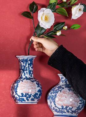 中青花瓷陶瓷器挂SCW瓶培壁挂半瓶式墙上花瓶垂吊萝花盆中式水绿