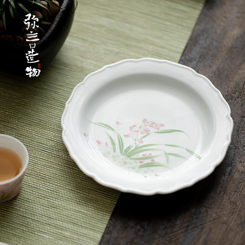 弥言苍烟红纯手绘兰花壶承手工陶瓷花口干泡盘家用小茶台茶道配件