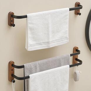 浴室凉毛巾杆单杆双杆毛巾架卫生间免打孔铝合金毛巾挂钩黑胡桃木