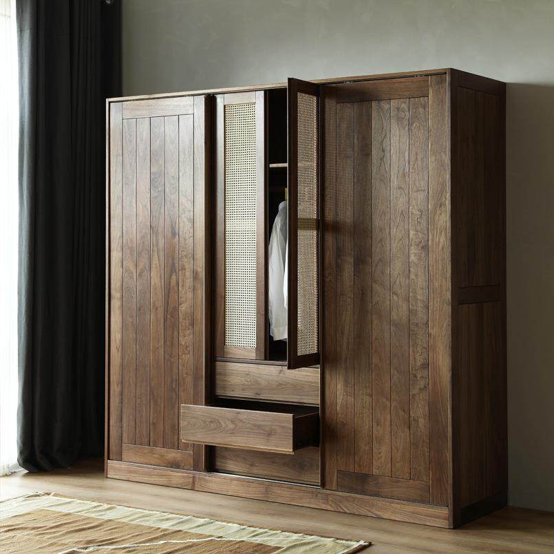 北美黑胡桃木实木衣柜现代简约樱桃木原木推拉门储物柜卧室移动衣