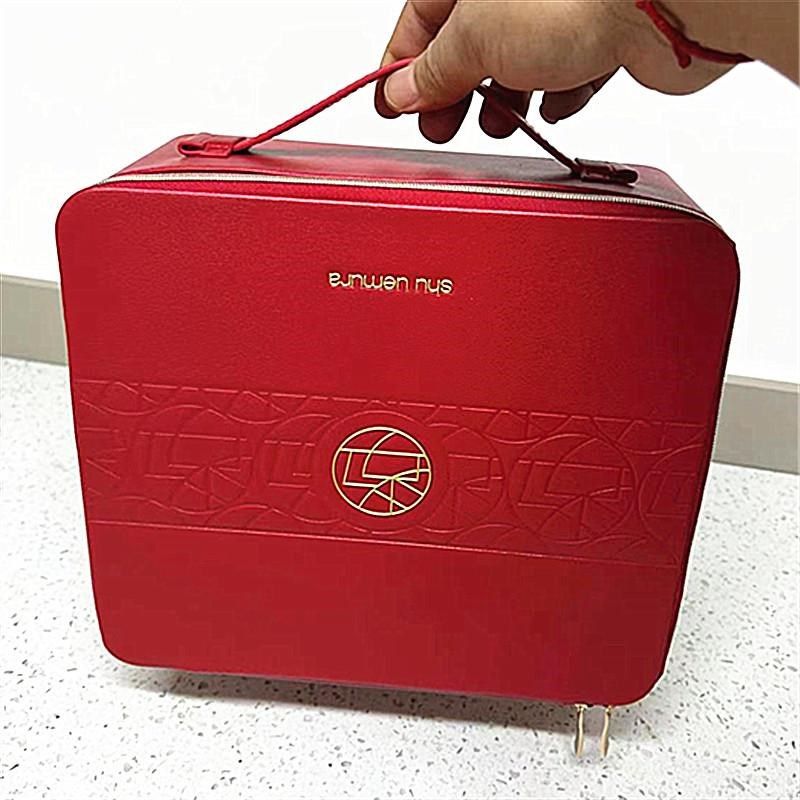 一件包邮植村秀红色皮质手拎化妆箱大容量双拉链收纳箱有隔断大包