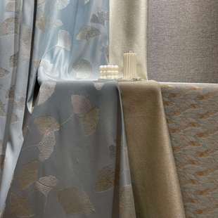 2022厂家新款高档金丝提花银杏叶轻奢新中式风格窗帘成品拼接靠垫