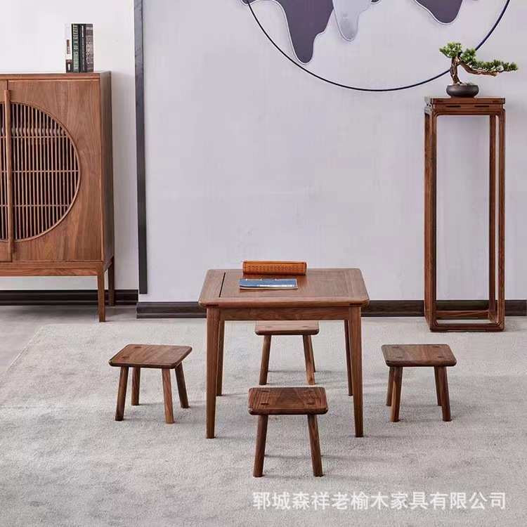 老榆木正方形学习桌家用看书架客厅喝茶洽谈桌禅意民宿吃饭餐桌