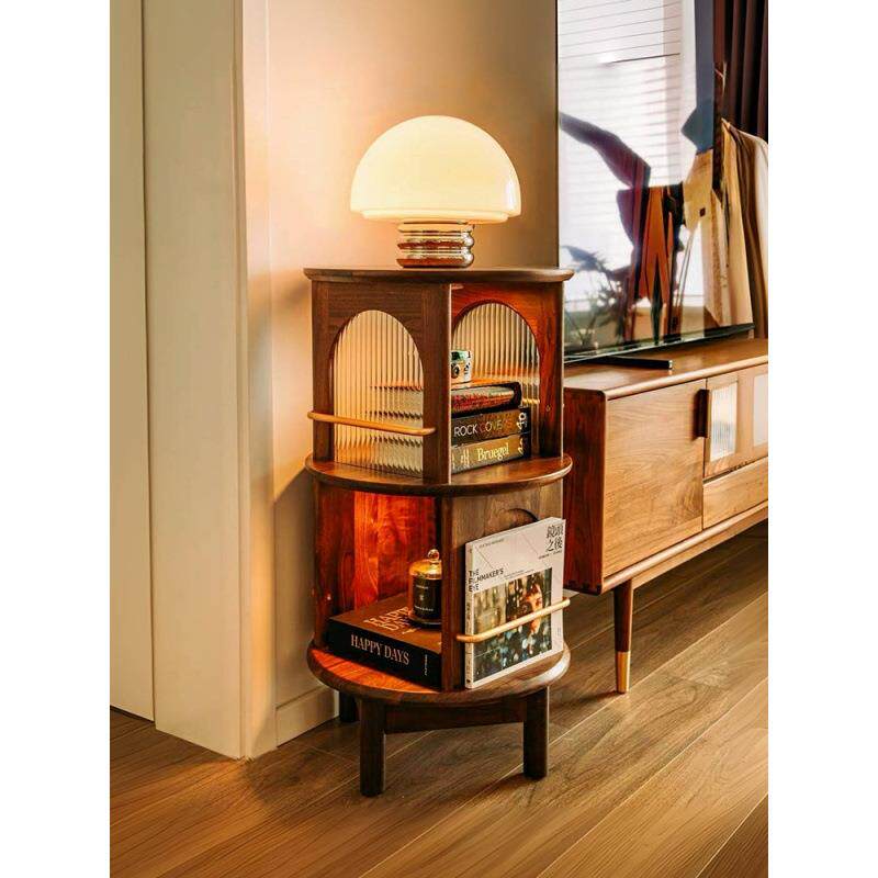 美式胡桃移动旋转边几中复古风家具客厅沙发置物茶柜床头实木书架