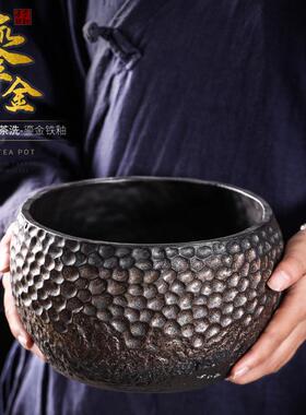 特大号日式粗陶锤纹茶洗手工复古鎏金杯洗水盂陶瓷茶渣桶茶道配件