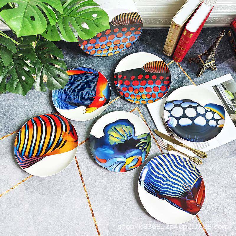 欧式个性插画风西餐盘创意餐具家用骨瓷盘子平盘陶瓷牛排盘