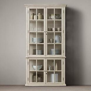 RH美式乡村实木书柜组合法式复古雕花橡木书架酒柜客厅书房展示柜