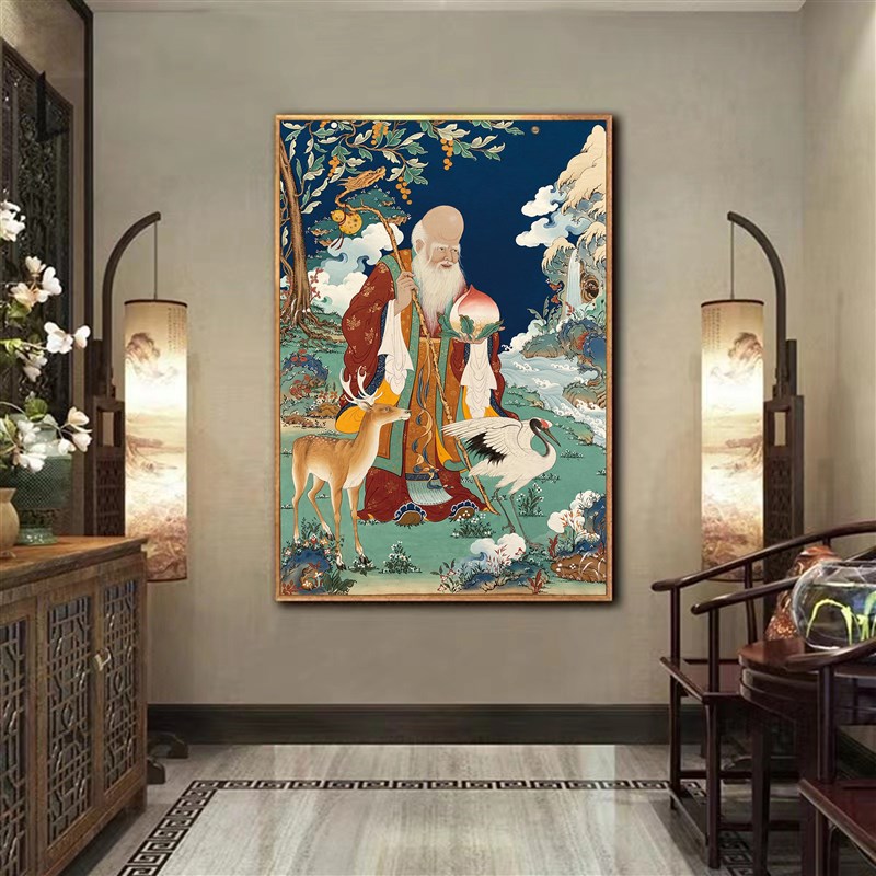 【西藏包邮】客厅藏式吉祥四瑞八宝高端晶瓷画长寿老人唐卡装饰画