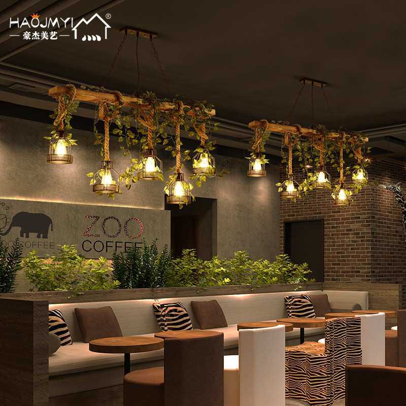 创意个性花店装饰绿植吊灯美式复古火锅店卡座收银台工业风麻绳灯