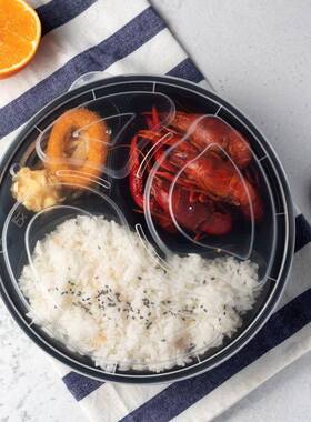 专一次性餐塑RMB料打包用圆形三格黑色外卖饭盒快餐便当盒盒带盖