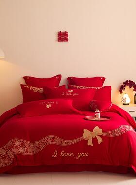 新中式结婚四件套红色婚庆床单被套喜被子一整套全套新婚陪嫁礼