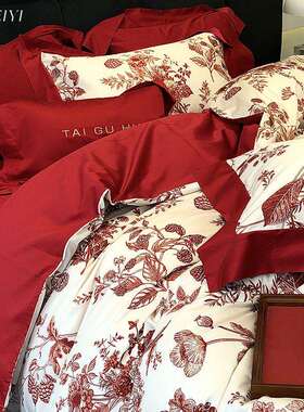 红色婚庆四件套结婚被套床单婚嫁新婚被罩婚房床品红色结婚三件套