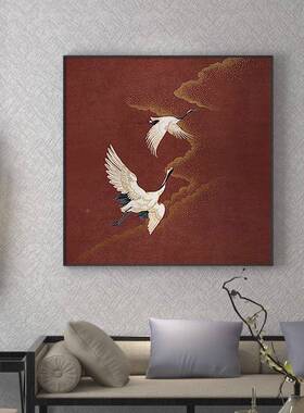 新中式轻奢客厅茶室书饰房玄祥关装CJX画红色仙鹤云古背景墙壁挂