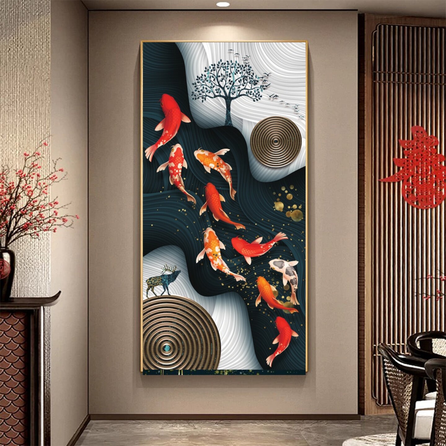 新中式九鱼图玄关装饰画入户正对门走廊过道客厅墙纸壁画