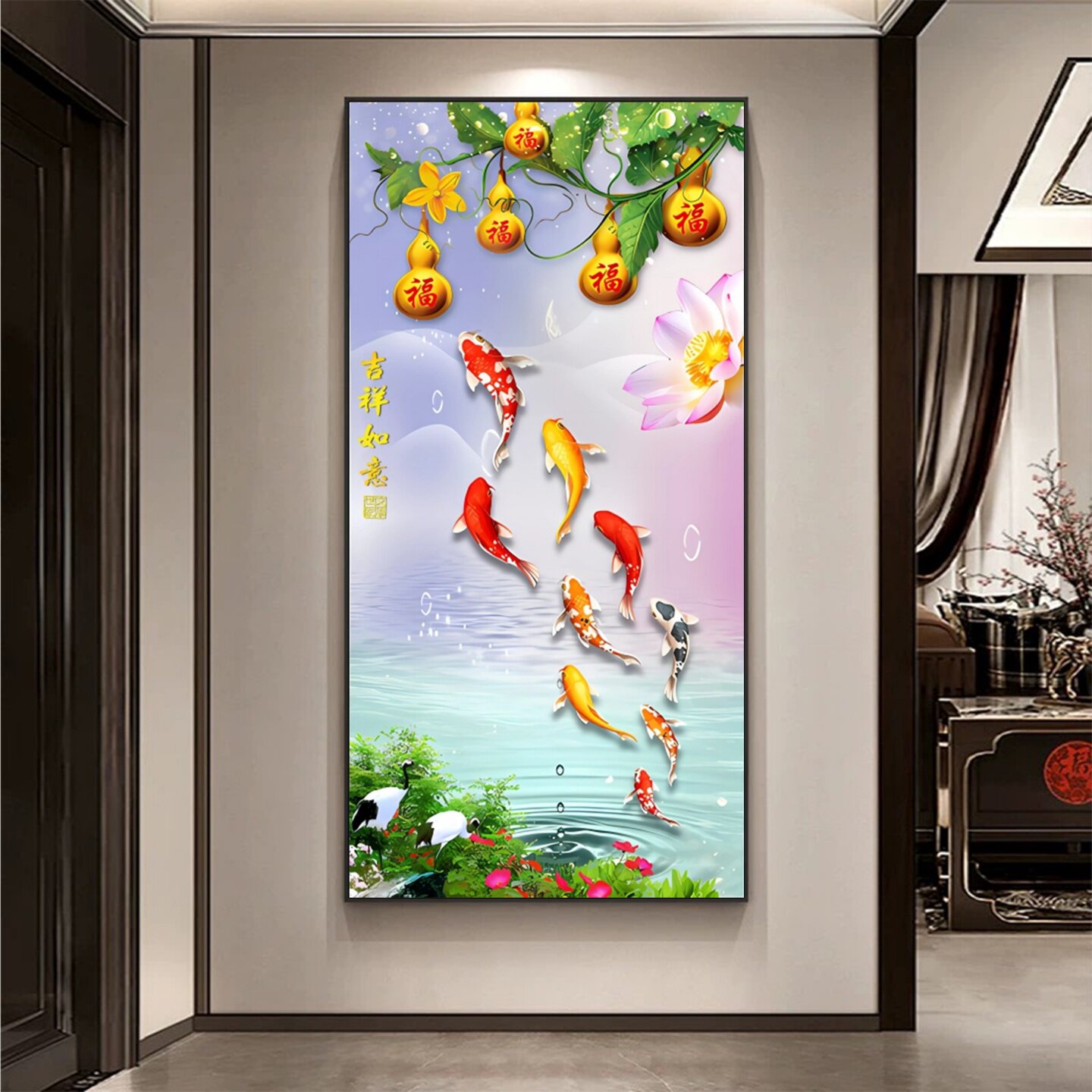 九鱼图玄关装饰画新中式入户正对门走廊过道客厅墙纸壁画