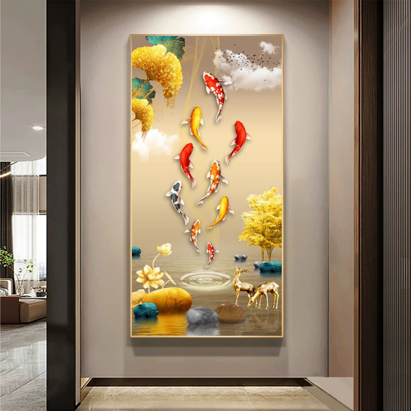 九鱼图玄关装饰画新中式入户正对门走廊过道客厅墙纸壁画
