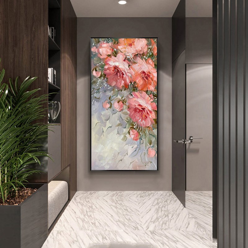 大芬油画村纯手绘牡丹轻奢风现代抽象花卉肌理丙烯玄关装饰画竖版