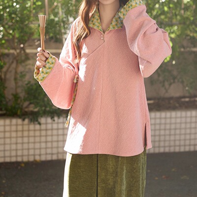 帛芽明翻领弓袋袖灯笼裤汉服